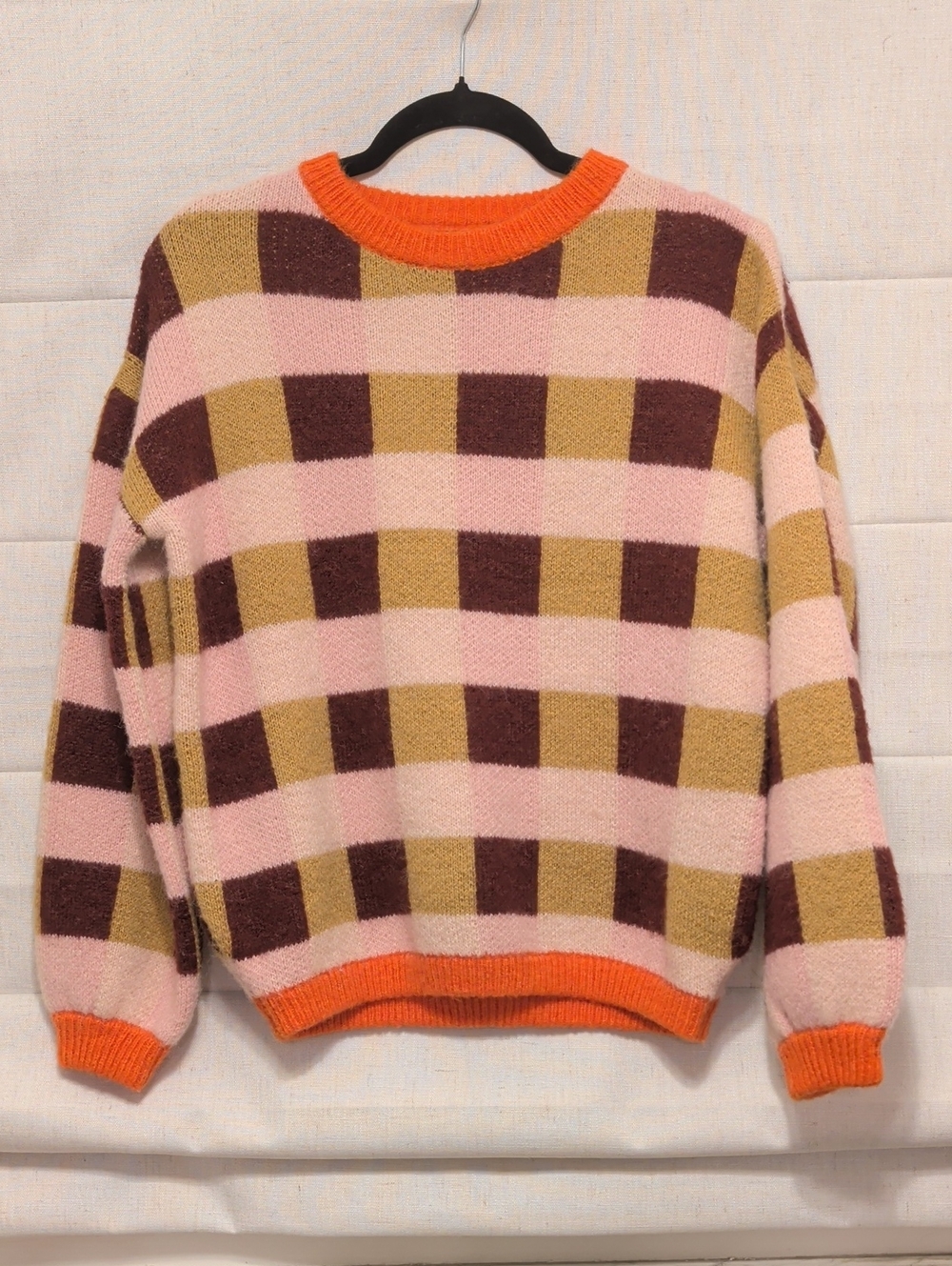 FRNCH Colorful Checked Crewneck Sweater in Pink, Brown & Olive with Orange Trim
